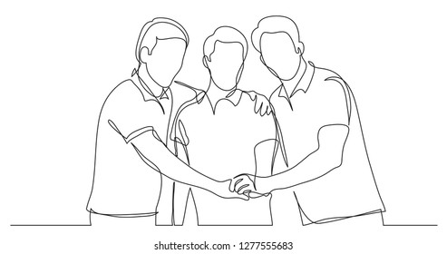 three male friends showing their friendship holding hands - one line drawing