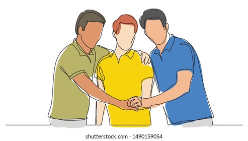 three male friends showing their friendship holding hands - one line drawing