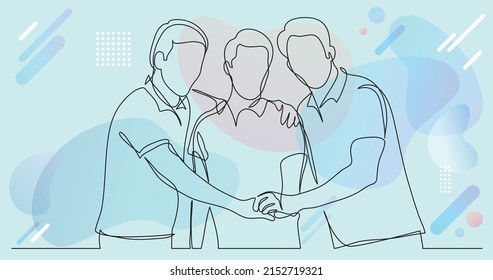 three male friends showing their friendship holding hands - one line drawing