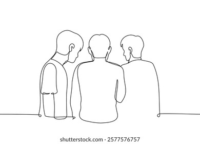 three male friends standing with their backs together whispering or looking at something - one line art vector. Handmade vector not Ai