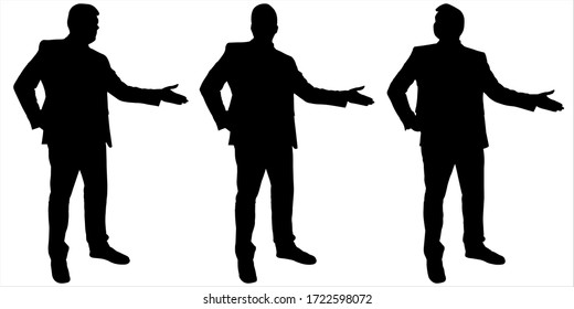 Three Male Silhouettes Stand Still And Shows, Demonstrates With A Hand. Businessman In A Suit At A Presentation. Teacher Explains The Material. One Person In Three Different Positions. Black On White.