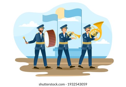 Three male soldiers are marching as a music band. Military orchestra members with music instruments wearing uniform. Men are playing military music. Flat cartoon vector illustration