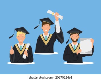 three male students graduates characters group