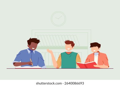 Three male students having a lively discussion in a classroom setting