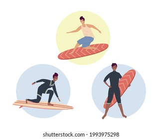 three male surfers set icons