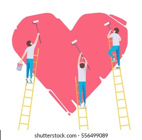 Three males with brushes rollers standing on a ladders are drawing on the wall a big pink heart. Metaphor of love, romantic relationship concept. Flat vector illustration.