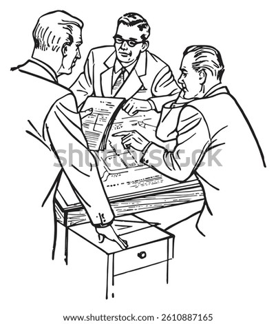 three males having a conversation, line art in black and white, retro style discussion