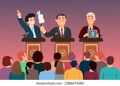 Three man candidates are discussing on stage. Debates concept. Candidates speech in front of the crowd people. 2024 Indonesian general election. Vector illustration.