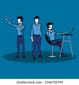 Three man in different poses with phone and workplace in eps10