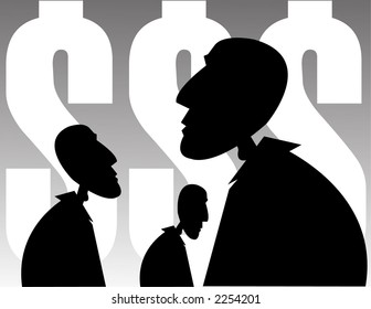 Three man with dollars sign as background, thinking of idea to make big money.