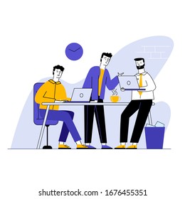 Three man having business meeting in office. Employees discussing work project flat vector illustration. Teamwork, discussion, conference concept for banner, website design or landing web page