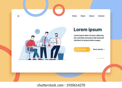Three man having business meeting in office. Employees discussing work project flat vector illustration. Teamwork, discussion, conference concept for banner, website design or landing web page