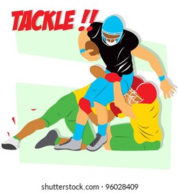 three man playing american football the line backer do tackle to stop the running back