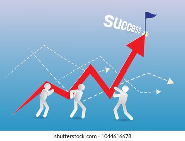 three man setup arrow to success point with blue abstract background,vector illustration. The concept of business.digital craft.paper art and craft