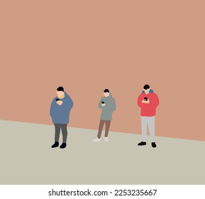 Three man smart phone addicted for Social Media, Online Shopping, Texting on Dating App. while standing beside city street. Waiting for taxi cab order by application