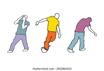Three man walking dead drunk and trying to balance on his feet, outline silhouette image. Human holding himself for a head hand drawn outline illustration. Group of people drink few more drinks.