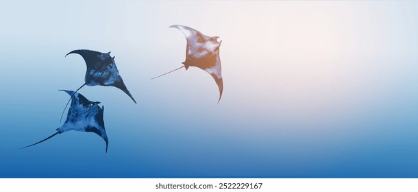 Three manta rays gracefully swimming in gradient blue waters. Dreamy minimalist sumi-e painting