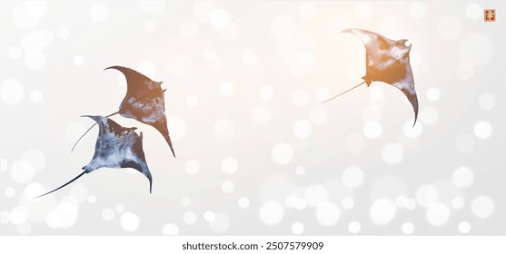 Three manta rays on white shimmering background. Minimalist sumi-e painting. Hieroglyph - happiness