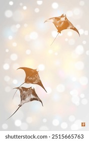 Three manta rays on white shimmering background. Minimalist sumi-e painting. Hieroglyph - happiness