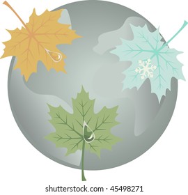 Three maple leaves against globe