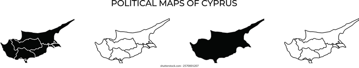 Three maps highlight the political divisions of Cyprus, displaying boundaries between areas. Each map represents different territorial aspects, emphasizing regional characteristics and disputes.