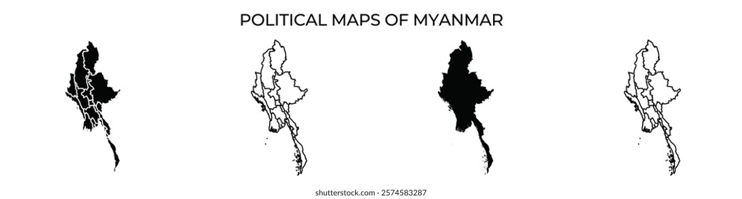 Three maps illustrate the political divisions of Myanmar, highlighting various territorial outlines. The visual contrast shows shifts over time in the countrys geography and borders.