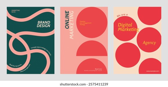 Three marketing posters with bold colors and geometric designs. Emphasize brand design, online marketing, and digital marketing agency services. Retro pastel branding template vector set.