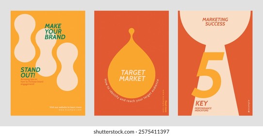 Three marketing posters with bold colors and text. Keywords: brand, target market, marketing success. Eye-catching design for brand engagement. Retro pastel branding template vector set.