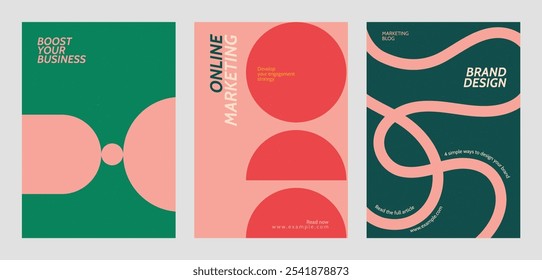 Three marketing posters with bold, modern designs. Marketing and business growth, online marketing, and brand design. Vibrant colors and geometric shapes. Retro pastel branding template vector set.