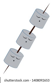 Three marshmallows on a single black colored stick, vector, color drawing or illustration. 