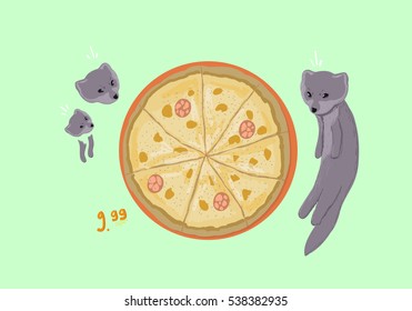 Three martens and pizza with example of price. Advertising card for public or community in social webs. Advertising poster for restaurants and pizzerias.