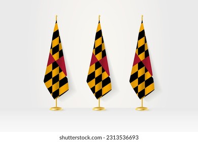 Three Maryland flags in a row on a golden stand, illustration of press conference and other meetings. Vector illustration.