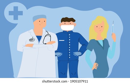Three masked doctors with a syringe.
