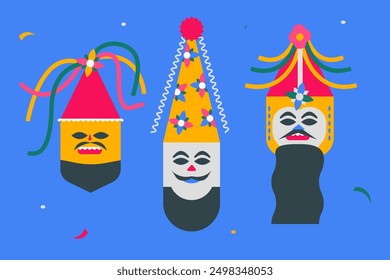 Three masks that represents a brazilian festival called "Folia de Reis",  "Kings' Festival" or "Festival of the Kings". 