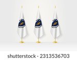 Three Massachusetts flags in a row on a golden stand, illustration of press conference and other meetings. Vector illustration.