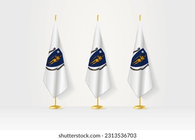 Tres banderas de Massachusetts seguidas en un puesto dorado, ilustración de la conferencia de prensa y otras reuniones. Ilustración vectorial.