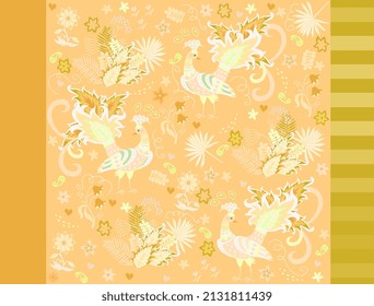 Three matching fabrics: a seamless pattern with fabulous peacocks and flowers on a yellow background, plain dyed fabric, and striped fabric. Vector illustration.