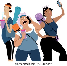 Three Mature Women After A Yoga Class Having Protein Shakes And Communicating Over The Smartphones, EPS 8 Vector Illustration