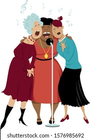 Three mature women singing in a microphone, EPS 8 vector illustration