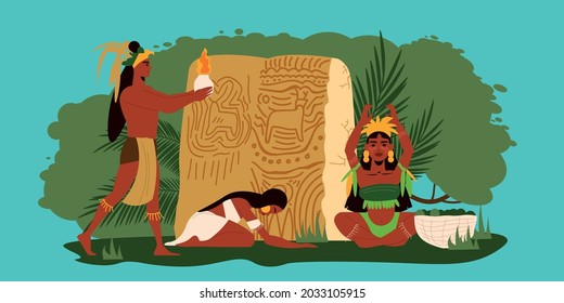 Three maya people worshipping idols and performing ritual on color background flat vector illustration
