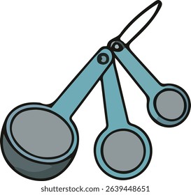 Three measuring spoons in a set of blue handles and gray spoon heads.