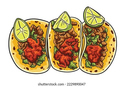 Three meat tacos with salsa sauce in white background.