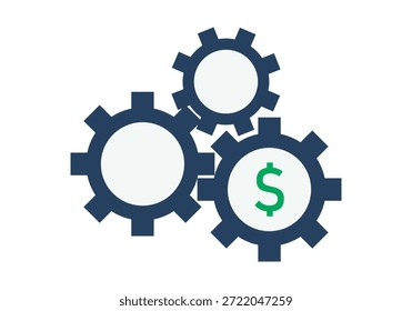 Drei mechanische Zahnräder, die mit dem Dollar-Symbol für Konzepte wirtschaftlicher Prozesse und Produktivität verbunden sind
