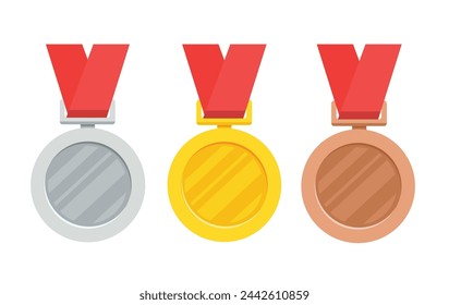 Drei Medaille mit Gold-Modell und Silber, Bronze-Modell und rotem Band. Vektor-Illustration