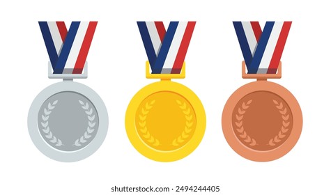 Three medal with gold madel and silver, bronze madel and red ribbon. vector illustration