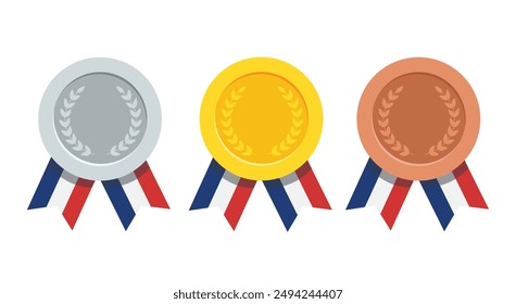 Drei Medaille mit Gold- und Silbermedaille, Bronze-Madel und rotem Band. Vektorillustration