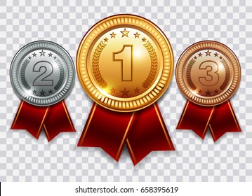 Three medals of different denominations on a checkered background