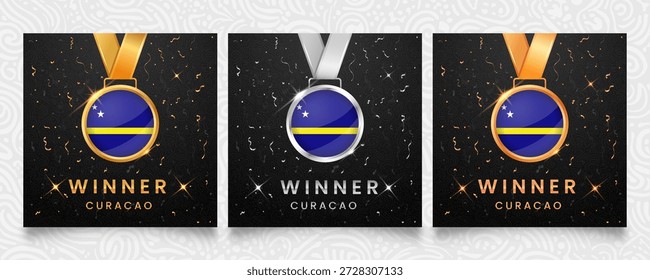 Tres medallas con la bandera de Curazao. Conjunto ganador con bronce de plata dorada sobre fondo oscuro con destellos. Vector para celebraciones.