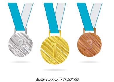 Three medals for first, second and third places. Gold, silver, bronze medals. Vector illustration