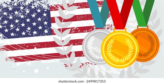 Tres medallas de oro, bronce, plata sobre fondo de la bandera americana con el engaste del grunge. Campeonatos, competición deportiva USA - Ilustración vectorial, fondo, Anuncio.